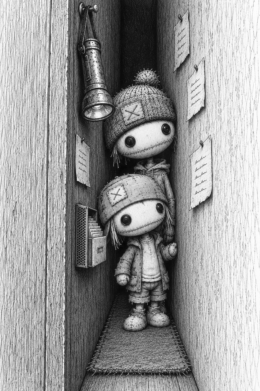 Fibb und Zibb in der schmalen Lücke zwischen Schrank und Wand, an der Wand hängen Zettel und eine große Taschenlampe